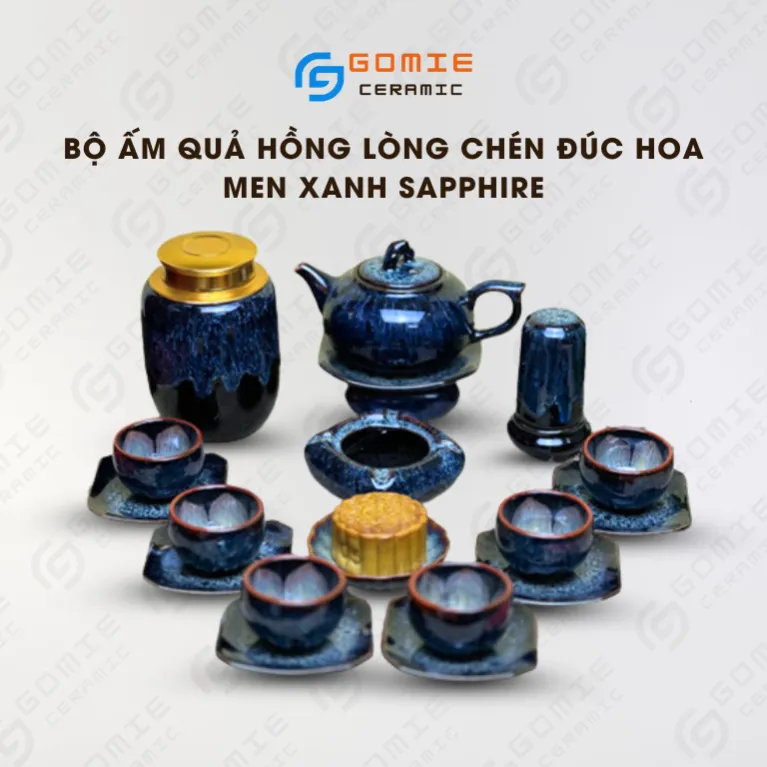 Bộ Ấm Quả Hồng 8 Món Men Xanh Sapphire Hỏa Biến, Gốm Sứ Bát Tràng, Món Quà Sang Trọng Và Đa Năng, Ấm Trà Gốm Sứ, Trang Trí Nội Thất, Quà Tặng Cao Cấp