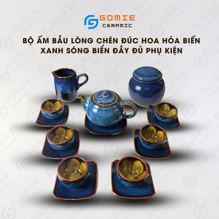 Bộ Ấm Bầu Gốm Sứ Men Xanh Biển Hỏa Biến 7 Món, Gốm Sứ Bát Tràng, Đầy Đủ Phụ Kiện Bàn Trà, Chén Đúc Lòng Hoa, Bình Gốm Nghệ Thuật, Quà Tân Gia Tinh Tế