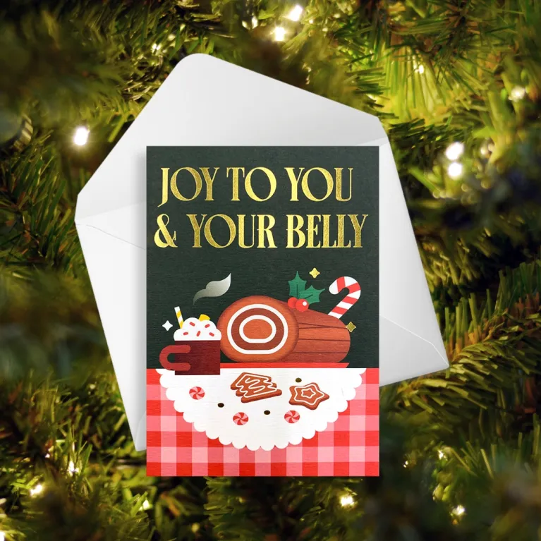 Celebrate the festive spirit with the "Joy To You & Your Belly" Christmas Card - a delightful paper card with an envelope, perfect as a unique Christmas gift or postcard for spreading the joy of a cheerful Christmas party!