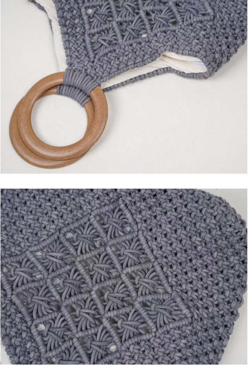 Grey-blue Macrame Bag With Wooden Handle