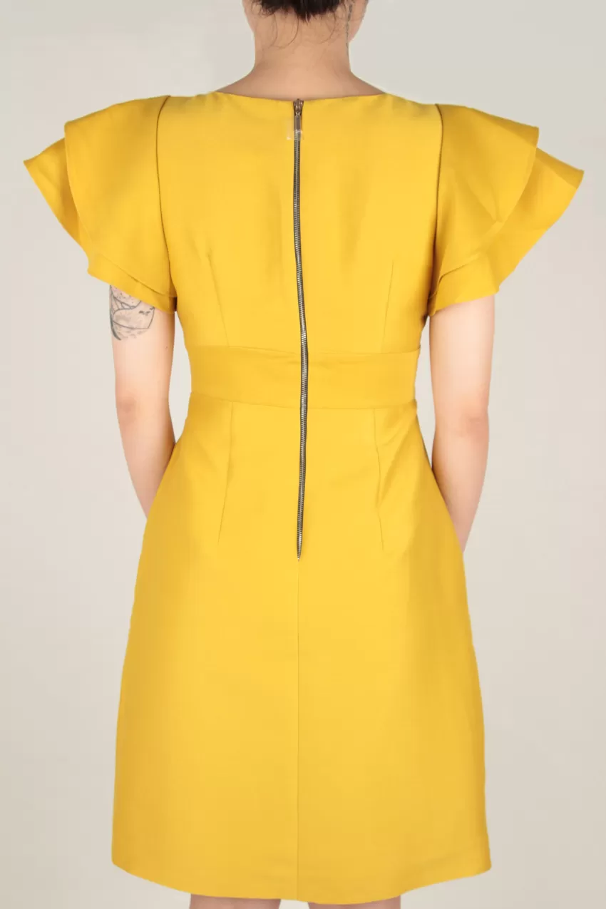 Yellow Taffeta Dress With Bouffant Sleeves