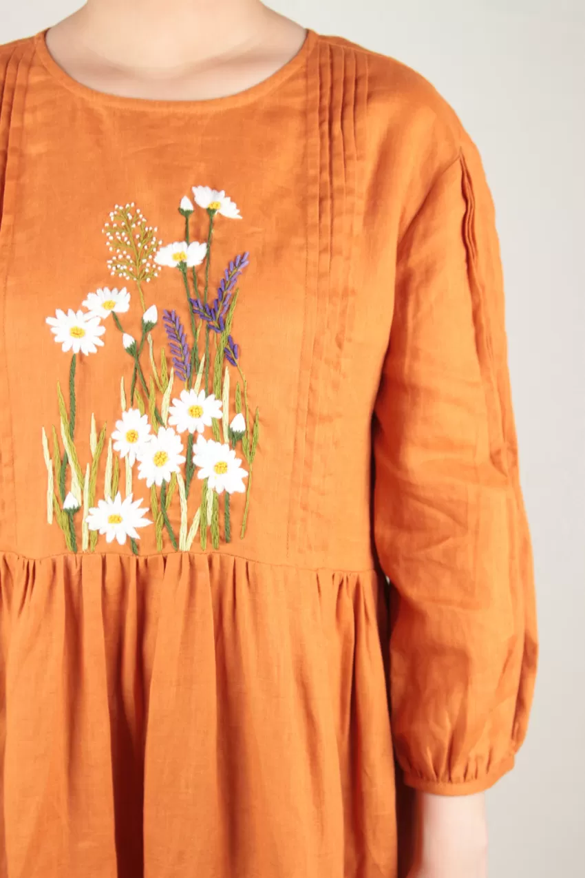 Orange Babydoll Linen Dress With Embroidered Flowers