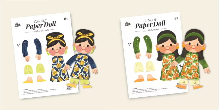 DIY Vietnamese Ao Dai Girl Paper Dolls, Including Coloring Pages