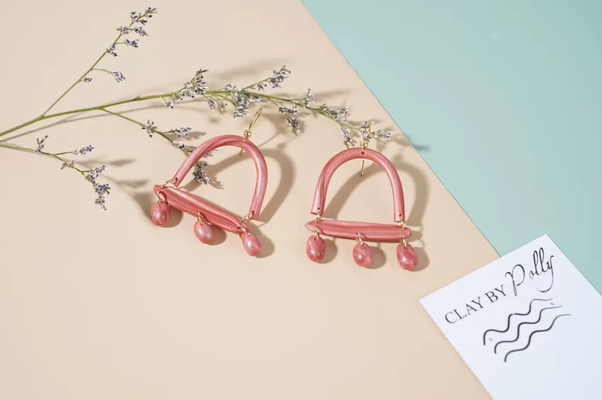 Tropical Arch Dangle Earrings In Color Coral, Island Vibes Only Collection, Made Of Clay, Impressive Accessories, Attracting Every Gaze