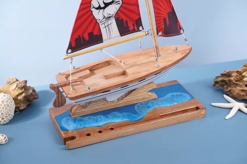 Lucky Sailboat Model C300.T9 On Epoxy River With Art Silk Fabric Double Sail