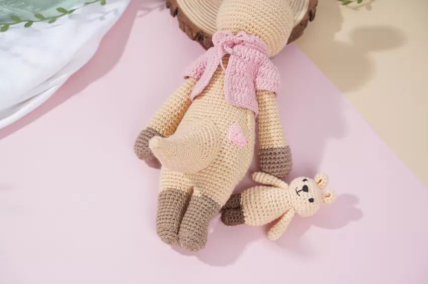 Mẹ Và Bé Kangaroo Len Dáng Đứng, Size L, Thú Bông Kangaroo Len Móc, Đồ Chơi Len Chuột Túi, Chuột Túi Bằng Len Handmade