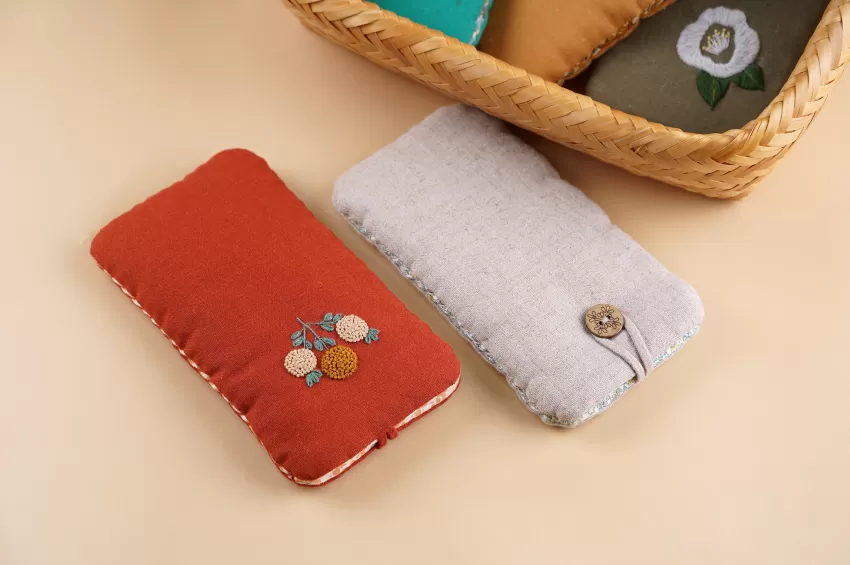 Embroidered Linen Phone Pouch, Designed With Soft Cotton Lining, Phone Protection Accessory, Intricately Embroidered Patterns