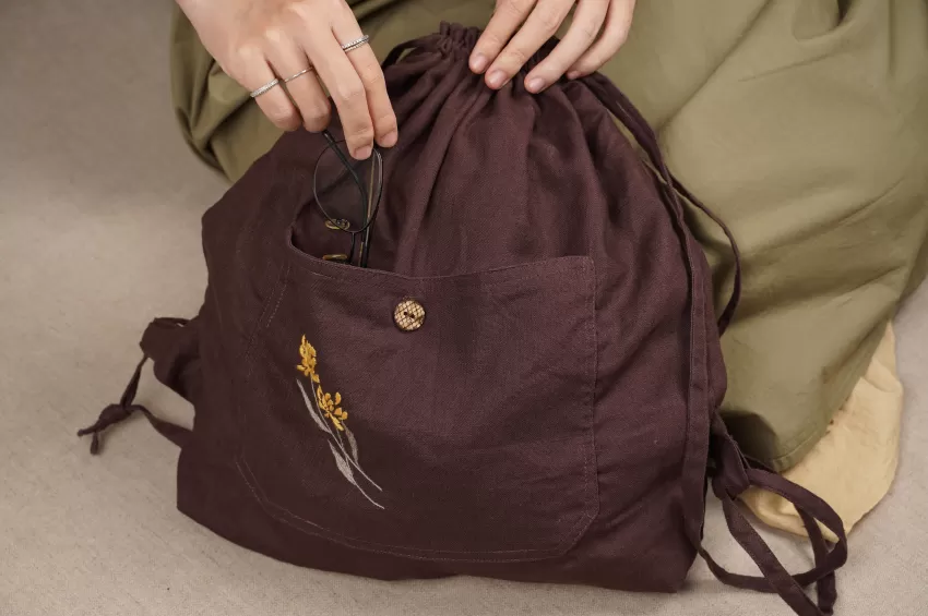 Brown Embroidered Linen Drawstring Bag, Secure Drawstring Design, Meticulously Embroidered Pattern, Earthy Brown Vintage Style