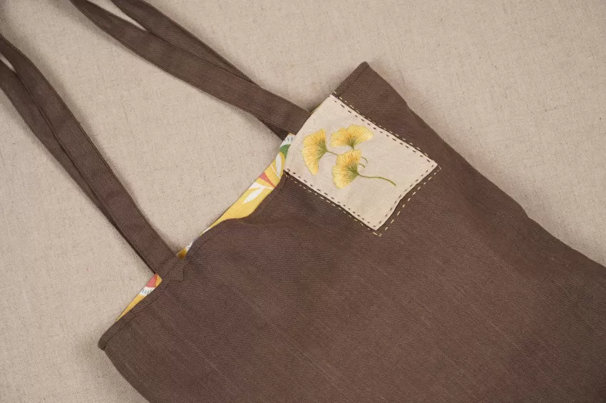 Yellow Embroidered Linen 'Ginko' Tote Bag