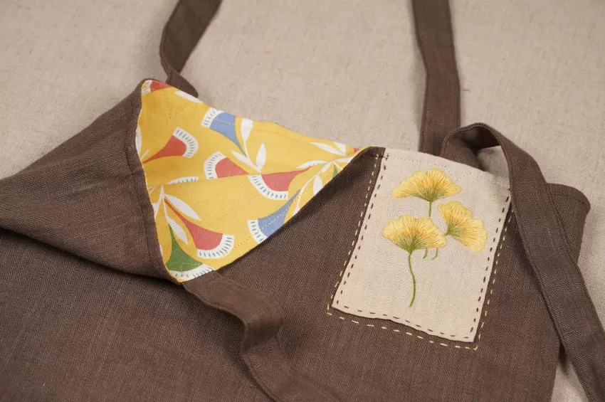 Yellow Embroidered Linen 'Ginko' Tote Bag