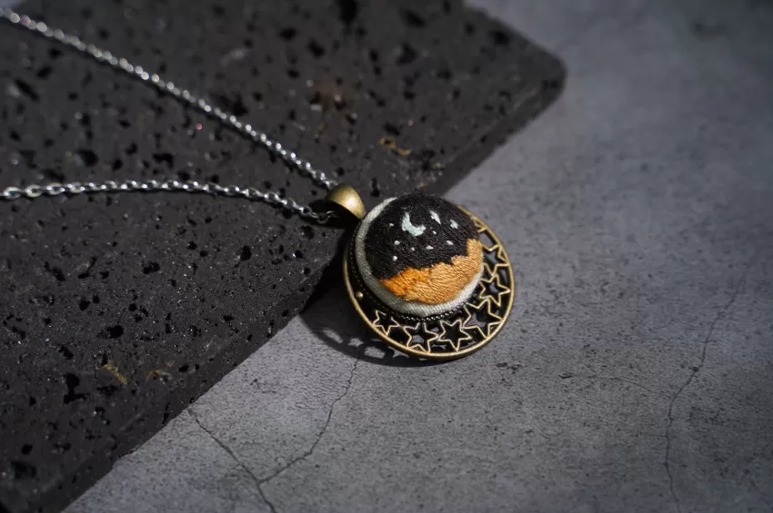 Night Sky Pendant Necklace With Hand-Embroidery, Dreamy And Romantic Design, Classic Copper Frame, Unique Accessory