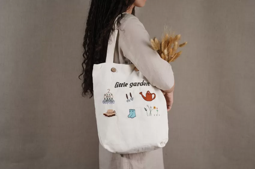 'Little Garden' Embroidered Linen Tote Bag