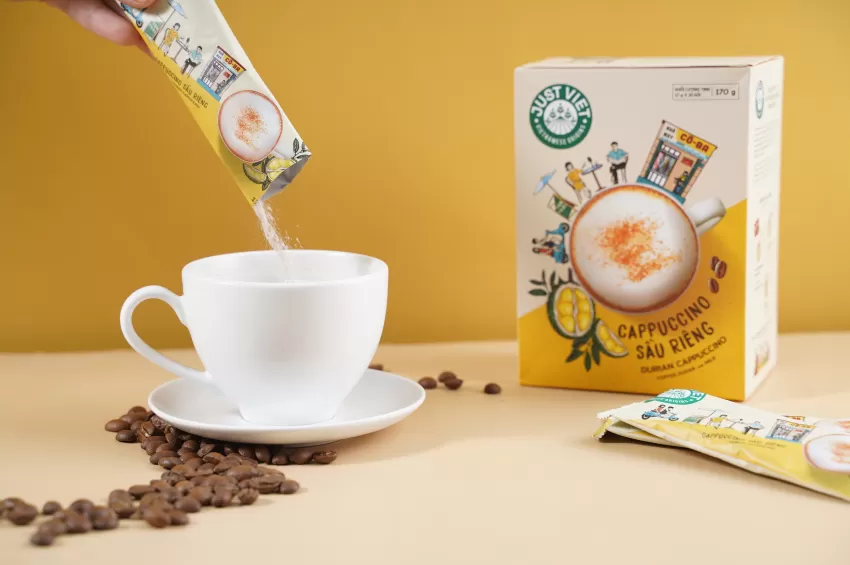 Cà Phê Cappuccino Sầu Riêng Hòa Tan, Lành Mạnh, Nguyên Liệu Tự Nhiên, Trồng Trọt Tự Nhiên, Tiện Lợi, Cà Phê Hoà Tan, Cà Phê Việt