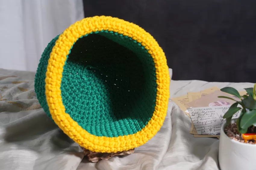 Green With Yellow Border Crochet Cotton Basket, Unique Color Combination, Convenient, Inward-Folding Rim, Focal Point To The Room