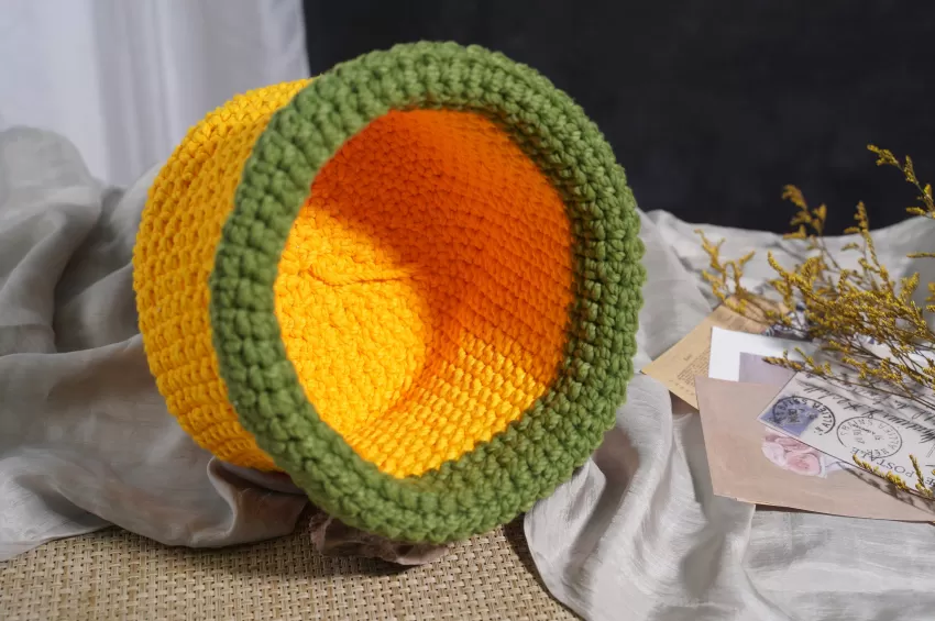 Yellow With Green Border Crochet Cotton Basket, Inward-Folding Rim Design, Impressive Color, Room Decoration