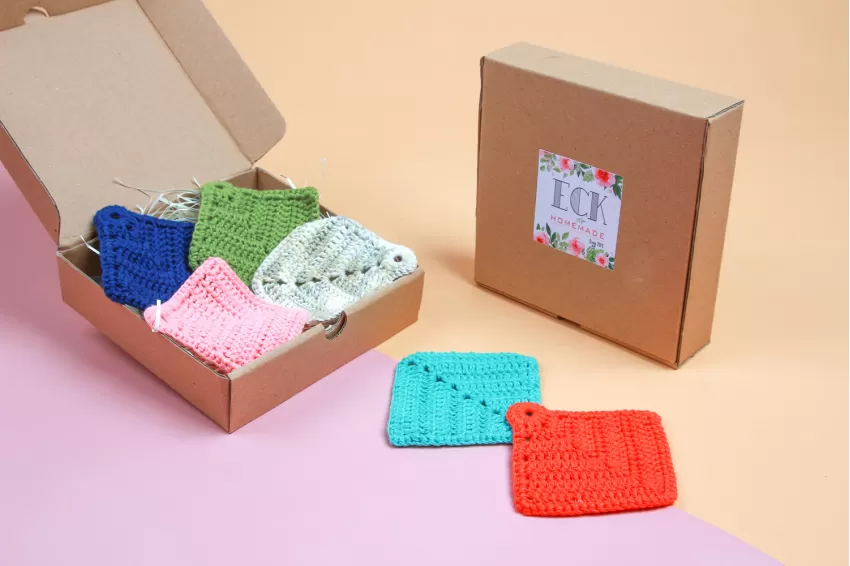 Set of 6 Multi-coloured Square Wool Coasters