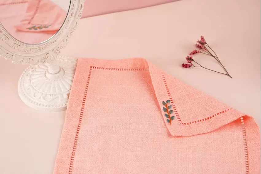 Pink Linen Hand Embroidered Handkerchief, Natural Linen Material, Versatile and Fashionable, Handcrafted Flower Embroidery, Meaningful Gift