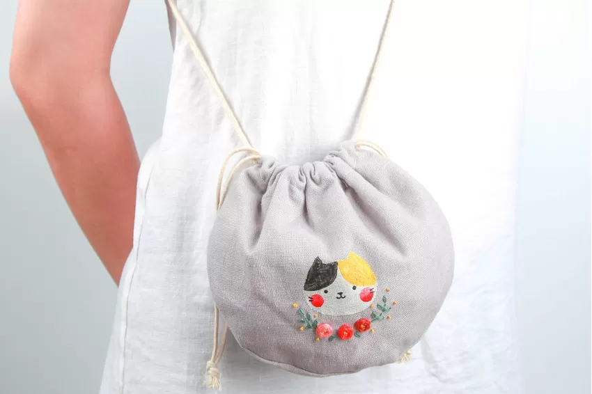 Embroidered Draw Bags, Cute Pattern Embroidery, Durable Natural Linen Material, Vintage Style, Suitable For Floral Dresses