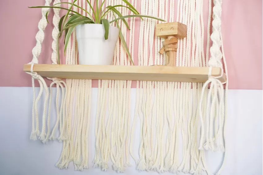 One-Tier Hanging Macrame Shelf, Natural Pine Wood, Premium Cotton Knot Pattern, Space-Saving, Charming Accent for Home