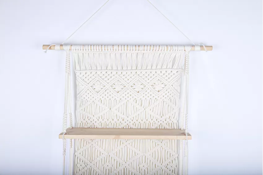 Three-Tier Hanging Macrame Shelf, Sturdy Pine Wood Frame, Elegant Design, Organize Items Neatly, Space-Saving, Home Decoration