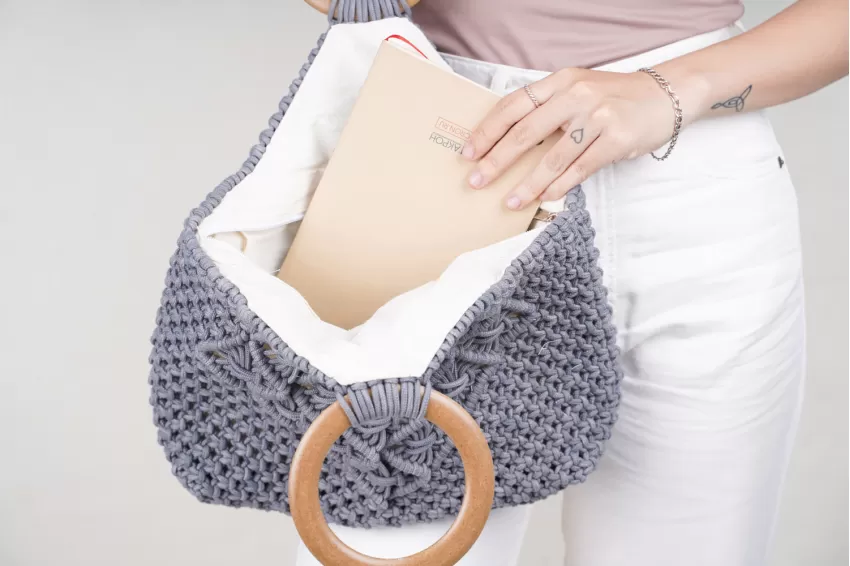 Grey-blue Macrame Bag With Wooden Handle