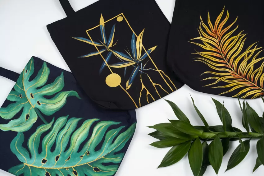 Hand-drawn Tote Bags, Golden Leaves Collection