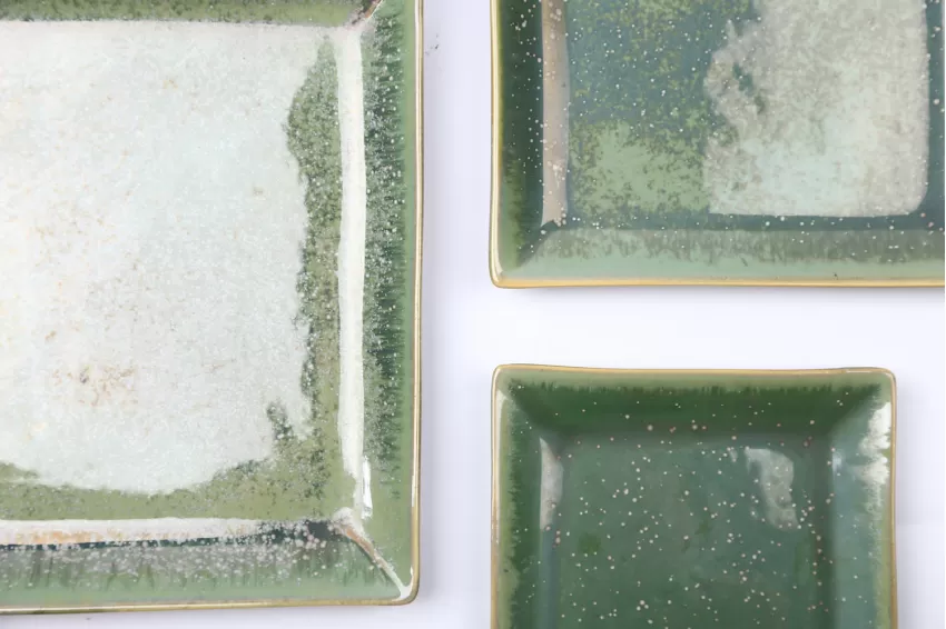 Set Of 3 Square Crystal Green Plates, Vietnamese Handcrafted Ceramic, Vietnamese Elements, Glossy Finish, Fire Glaze Ceramic, Luxurious Space