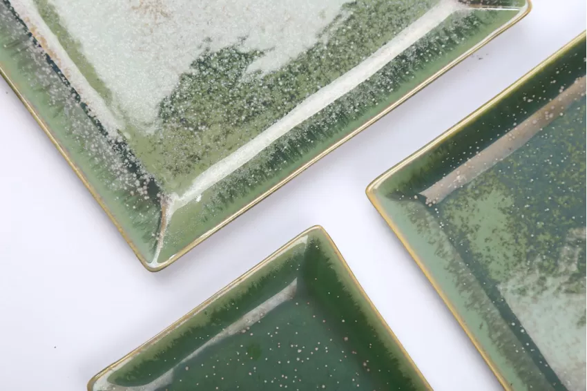 Set Of 3 Square Crystal Green Plates, Vietnamese Handcrafted Ceramic, Vietnamese Elements, Glossy Finish, Fire Glaze Ceramic, Luxurious Space