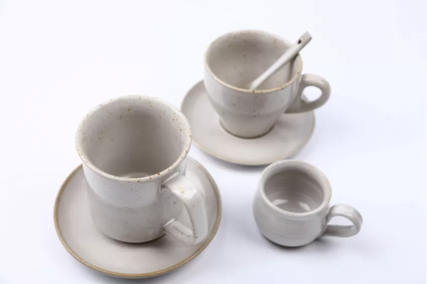 Set Brown Ware White Glazing Coffee Cup, Cement Color, Vietnamese Handcrafted Ceramic, Elegant Design