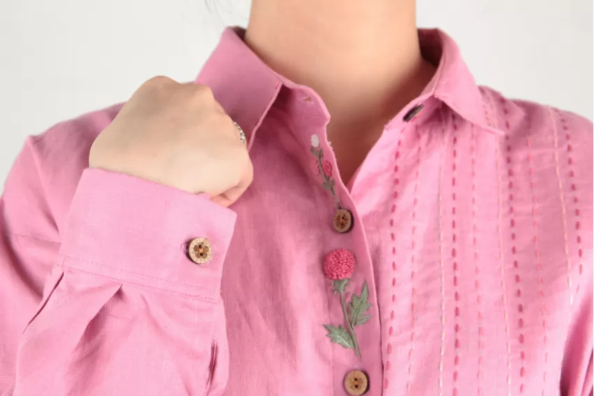 Floral Embroidered Linen Shirt With Wooden Buttons