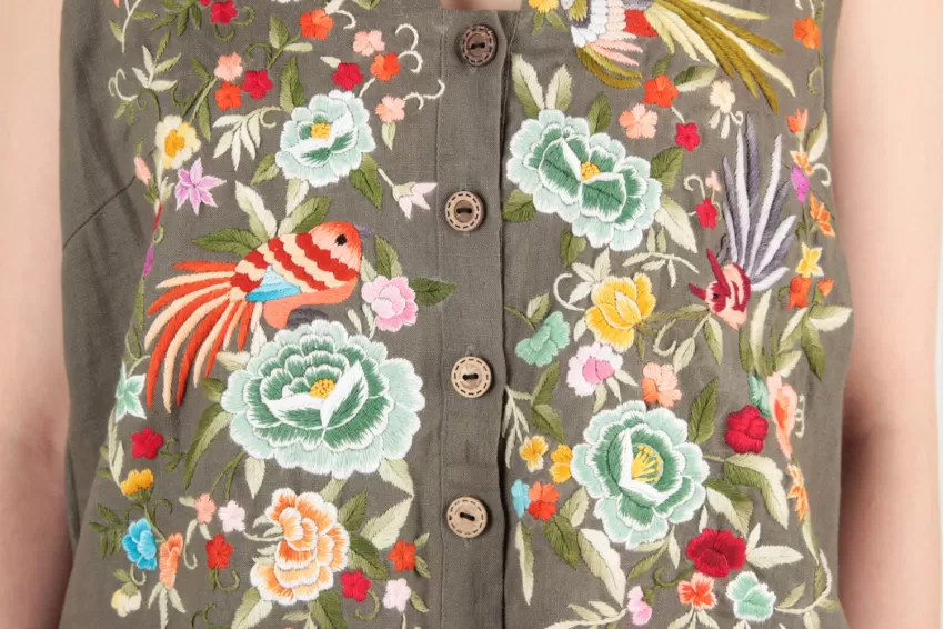 Sleeveless Linen Dress With Embroidered Birds & Flowers