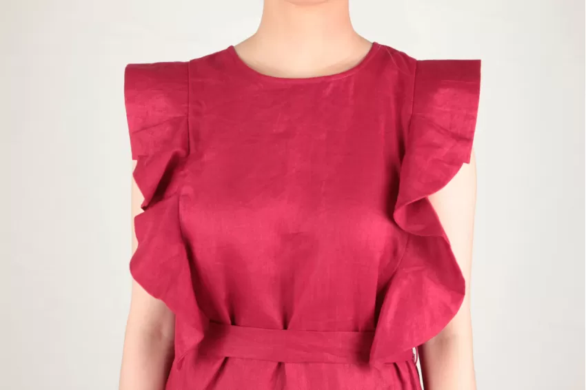 Red Linen Dress With Waist Belt, Free Size