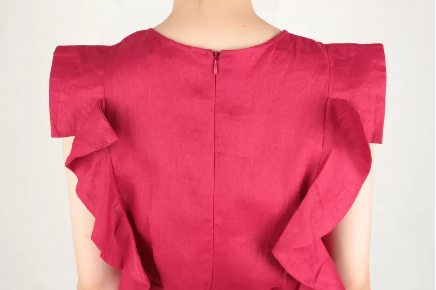 Red Linen Dress With Waist Belt, Free Size