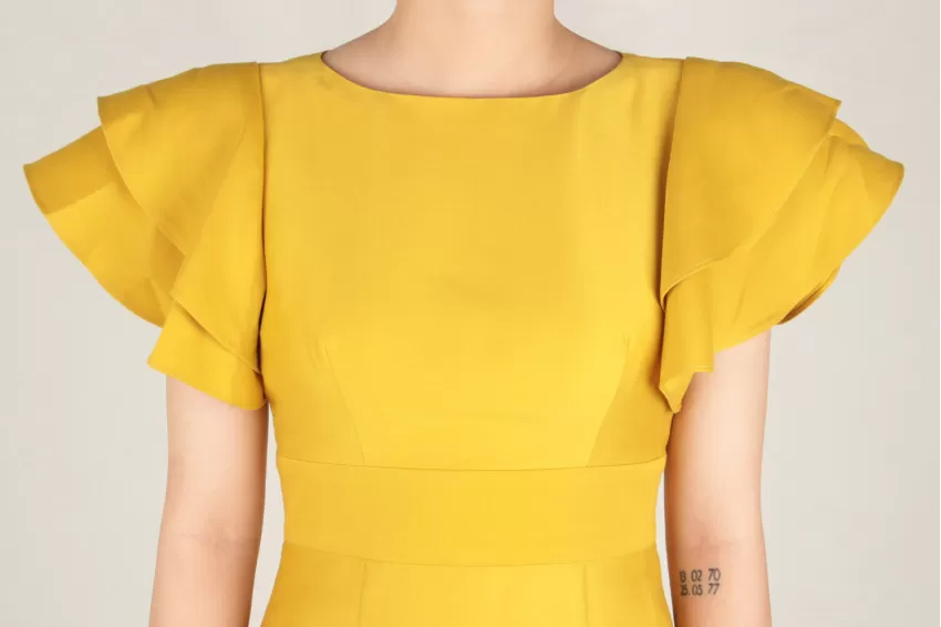 Yellow Taffeta Dress With Bouffant Sleeves