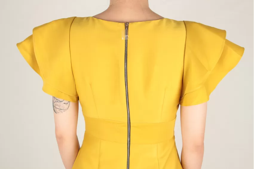 Yellow Taffeta Dress With Bouffant Sleeves