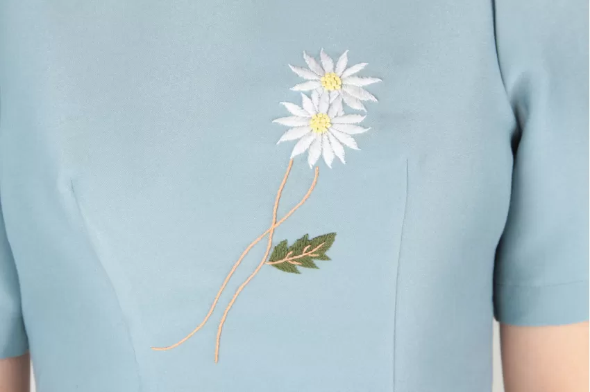 Light Blue Taffeta Dress With White Embroidered Daisies