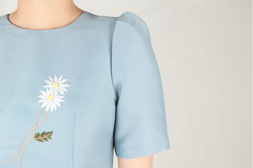 Light Blue Taffeta Dress With White Embroidered Daisies