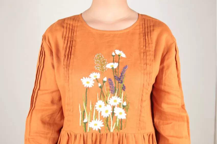 Orange Babydoll Linen Dress With Embroidered Flowers