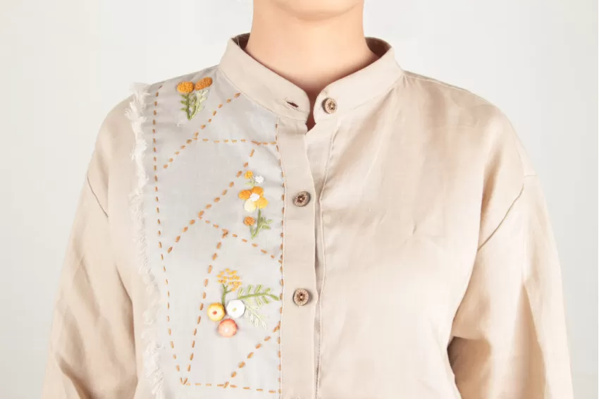 Long Sleeve Linen Shirt With Mandarin Collar And Embroidered Flowers