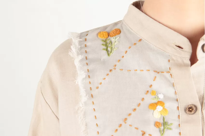 Long Sleeve Linen Shirt With Mandarin Collar And Embroidered Flowers