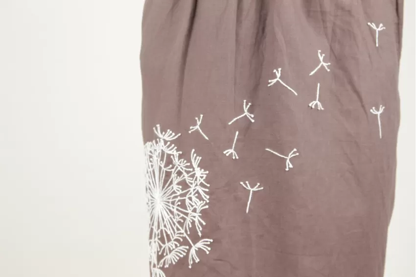 Short Sleeve Blouson Linen Dress With Embroidered Dandelion