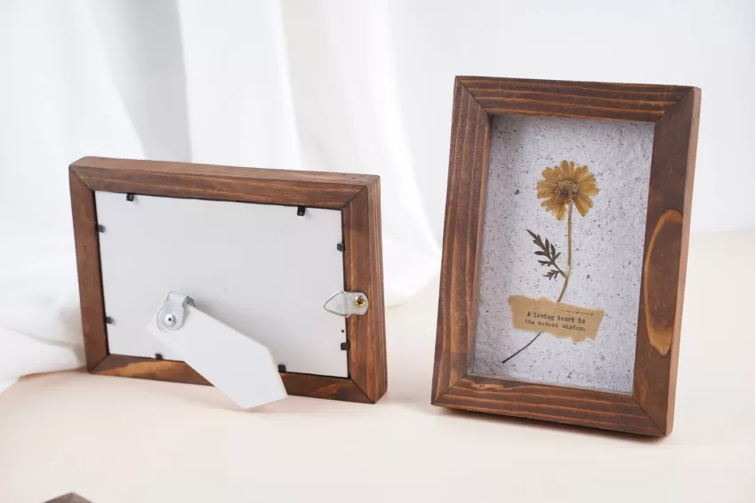 Dó Paper or Recycled Paper Pressed Dried Flowers Art with Vintage Wooden Frame