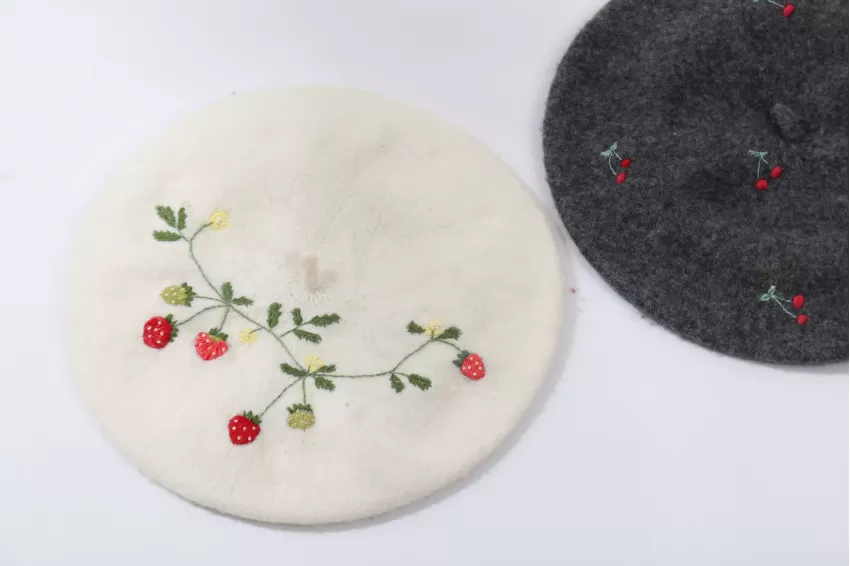Embroidered Beret, Special Round Design, Structured Corduroy Material, Diverse Hand-Embroidered Patterns, Fashion Accessory