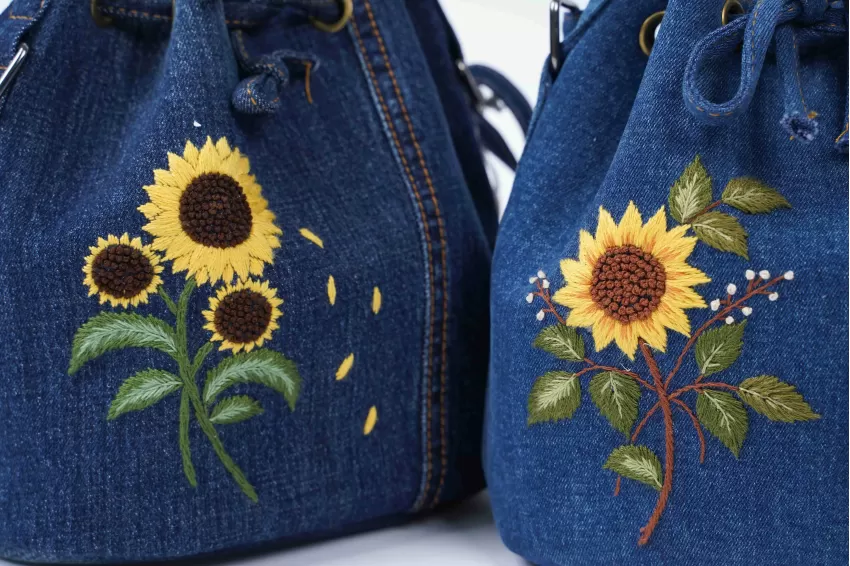 Sunflower Embroidered Bucket Bag From Old Jeans