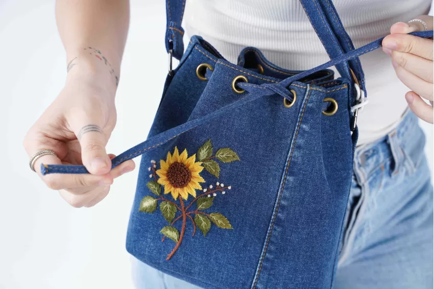 Sunflower Embroidered Bucket Bag From Old Jeans