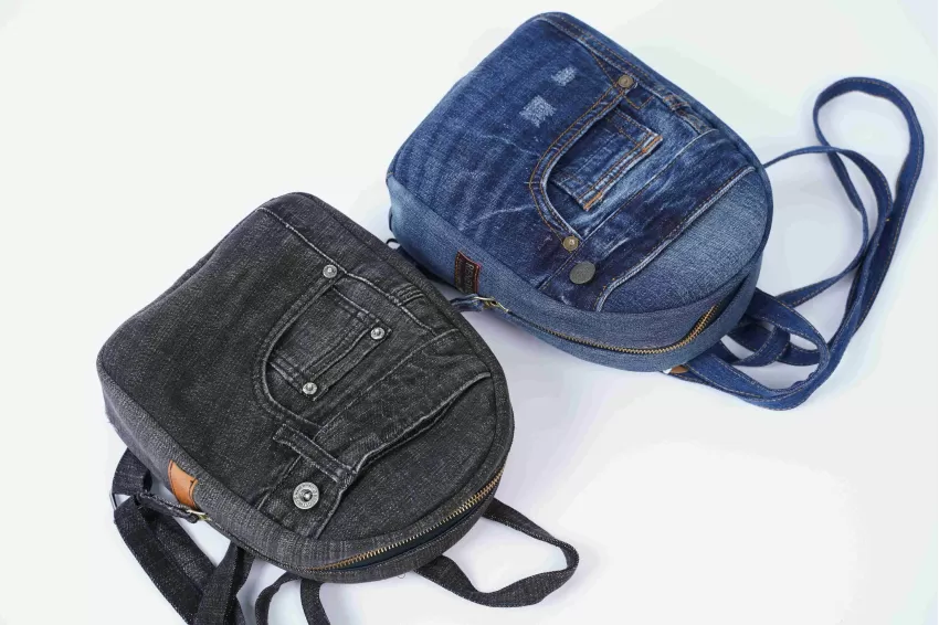 Backpack From Old Jeans, Leather Lining, Youthful Design, Vibrant Colors, Compact Shape, Suitable For Outings Or Strolling