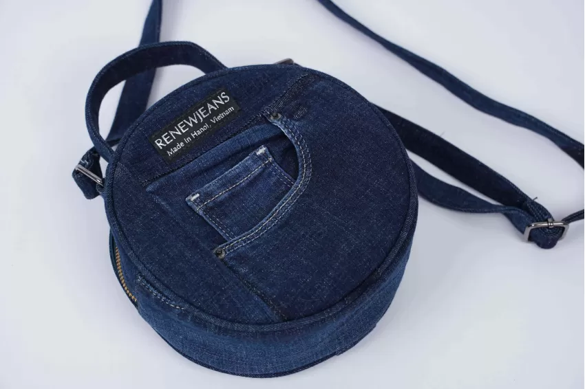 Dark Blue Rounded Box Bag From Old Jeans, Eye-Catching Design, Versatile Spacious Compartment, Holds Many Items, High Craftsmanship