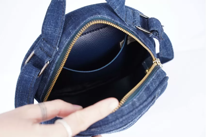 Dark Blue Rounded Box Bag From Old Jeans, Eye-Catching Design, Versatile Spacious Compartment, Holds Many Items, High Craftsmanship