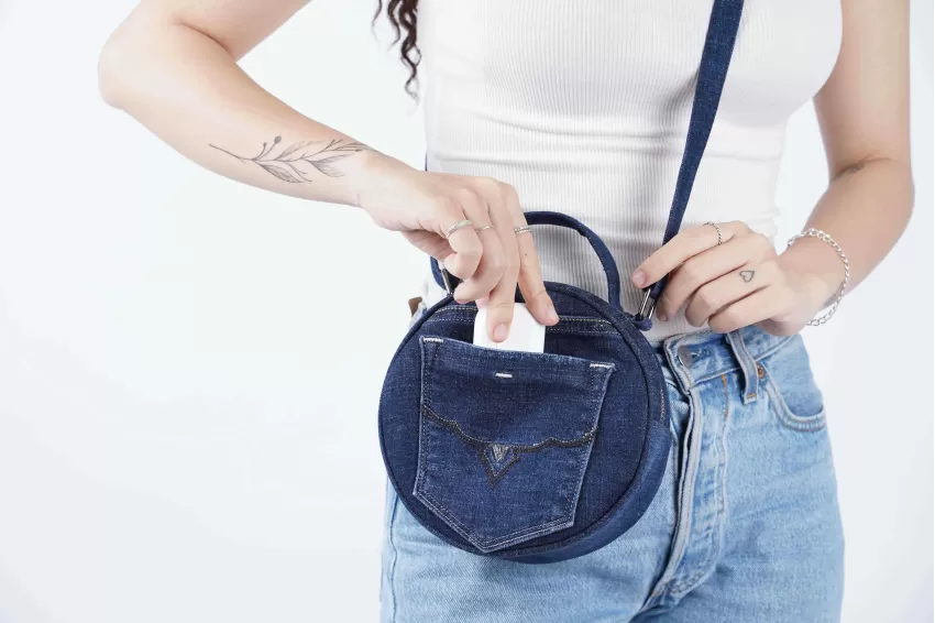 Dark Blue Rounded Box Bag From Old Jeans, Eye-Catching Design, Versatile Spacious Compartment, Holds Many Items, High Craftsmanship