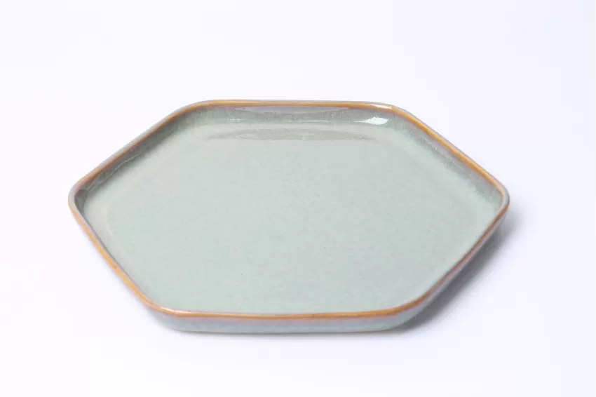 Ceramic Radius Rounded Hexagon Plate, Wattle Green Collection, Fire Glaze Ceramics, Skillful Techniques, High Quality, Decoration, Vietnamese Ceramics